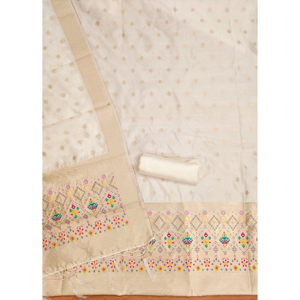 White Banarasi silk printed unstitched salwar suit with dupatta (3m)