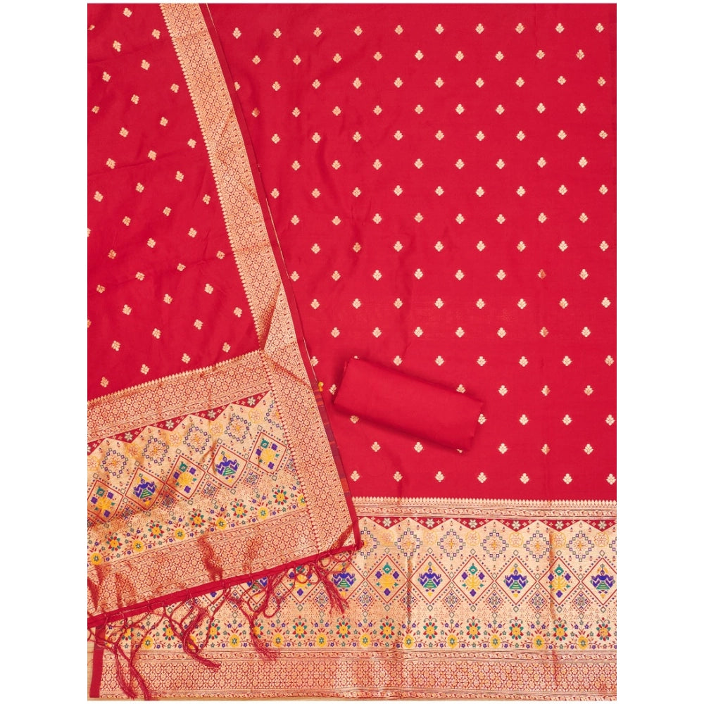 Red Banarasi silk printed unstitched salwar suit with dupatta (3m), elegant Indian women's fashion