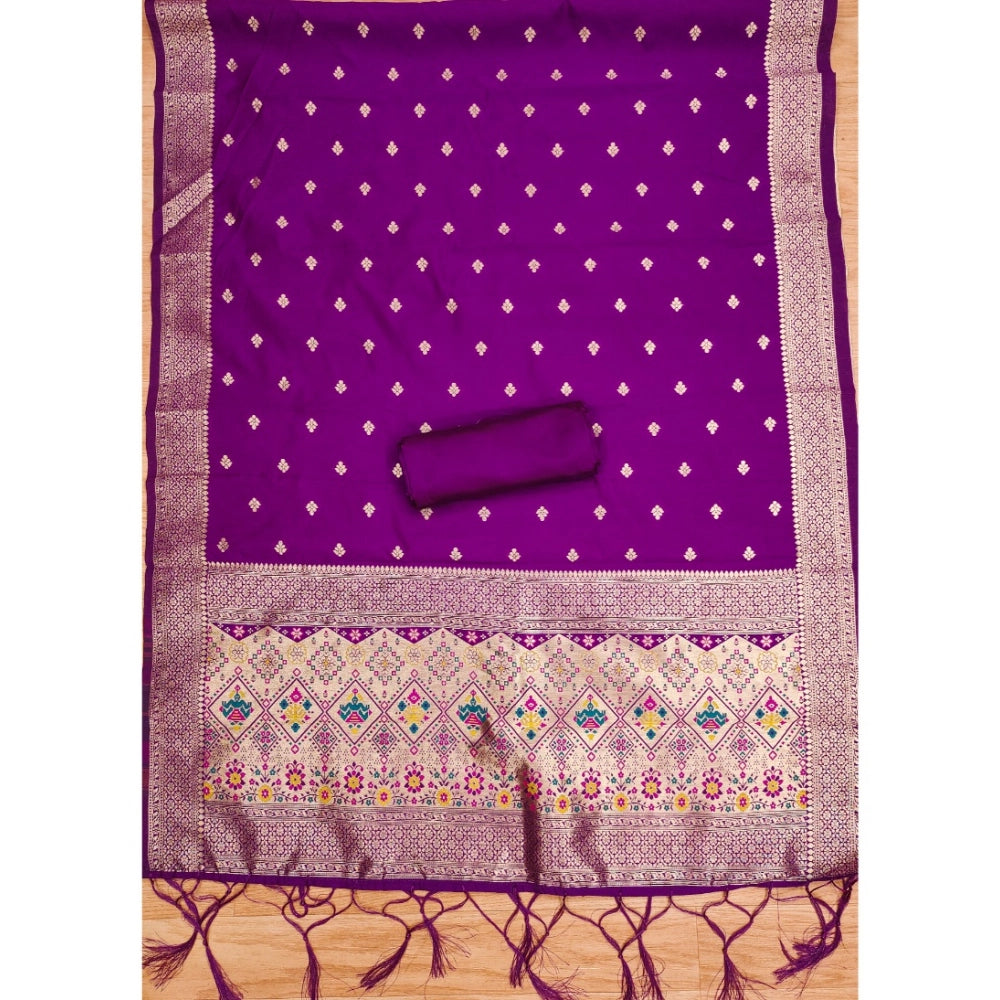 Purple Banarasi Silk Printed Unstitched Salwar Suit with dupatta (3m), traditional Indian women's clothing on mannequin
