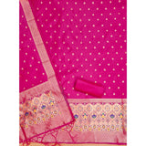 Pink Banarasi silk printed unstitched salwar suit (3m) with dupatta, traditional Indian women's attire on mannequin