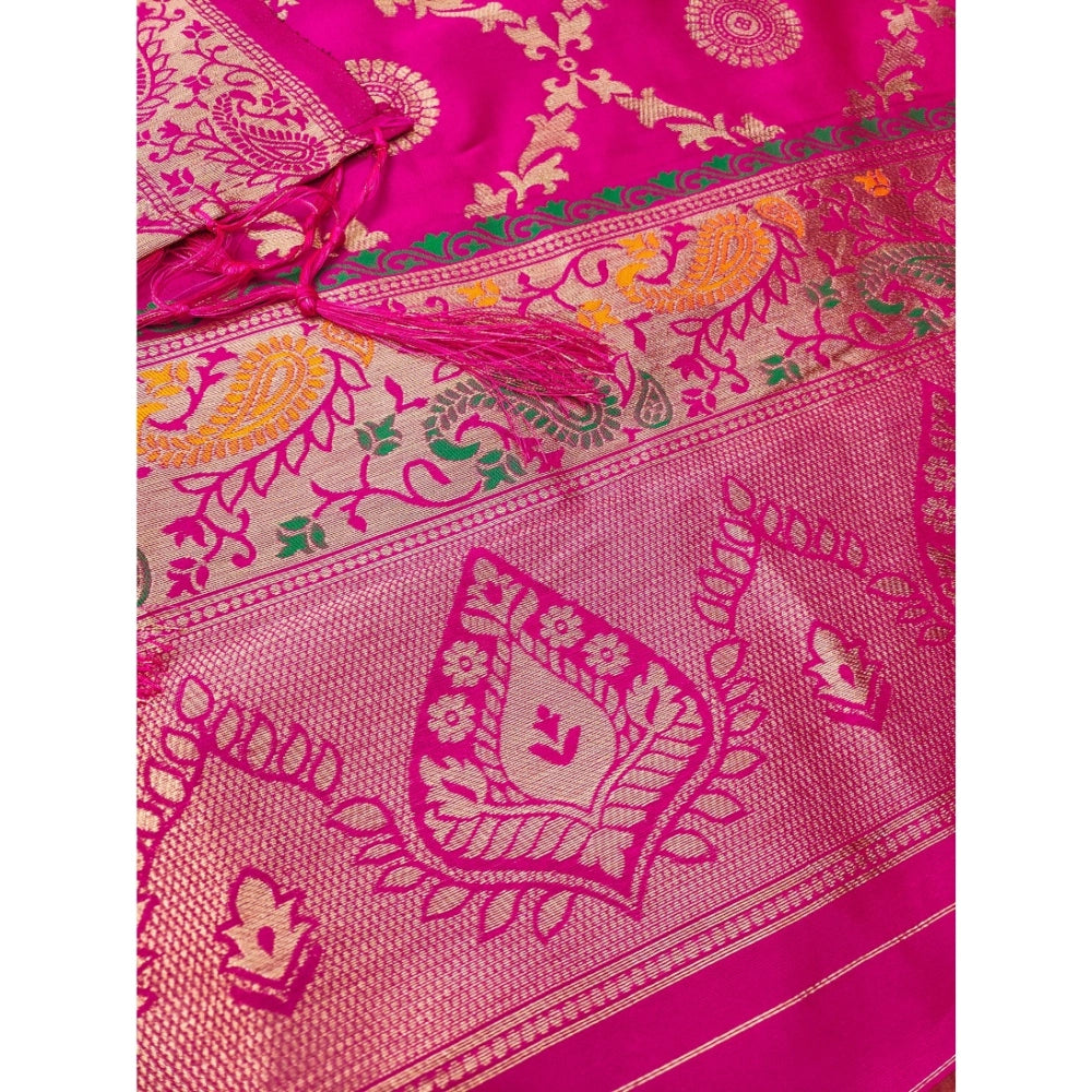 Pink Banarasi silk printed unstitched salwar suit with dupatta (3m)
