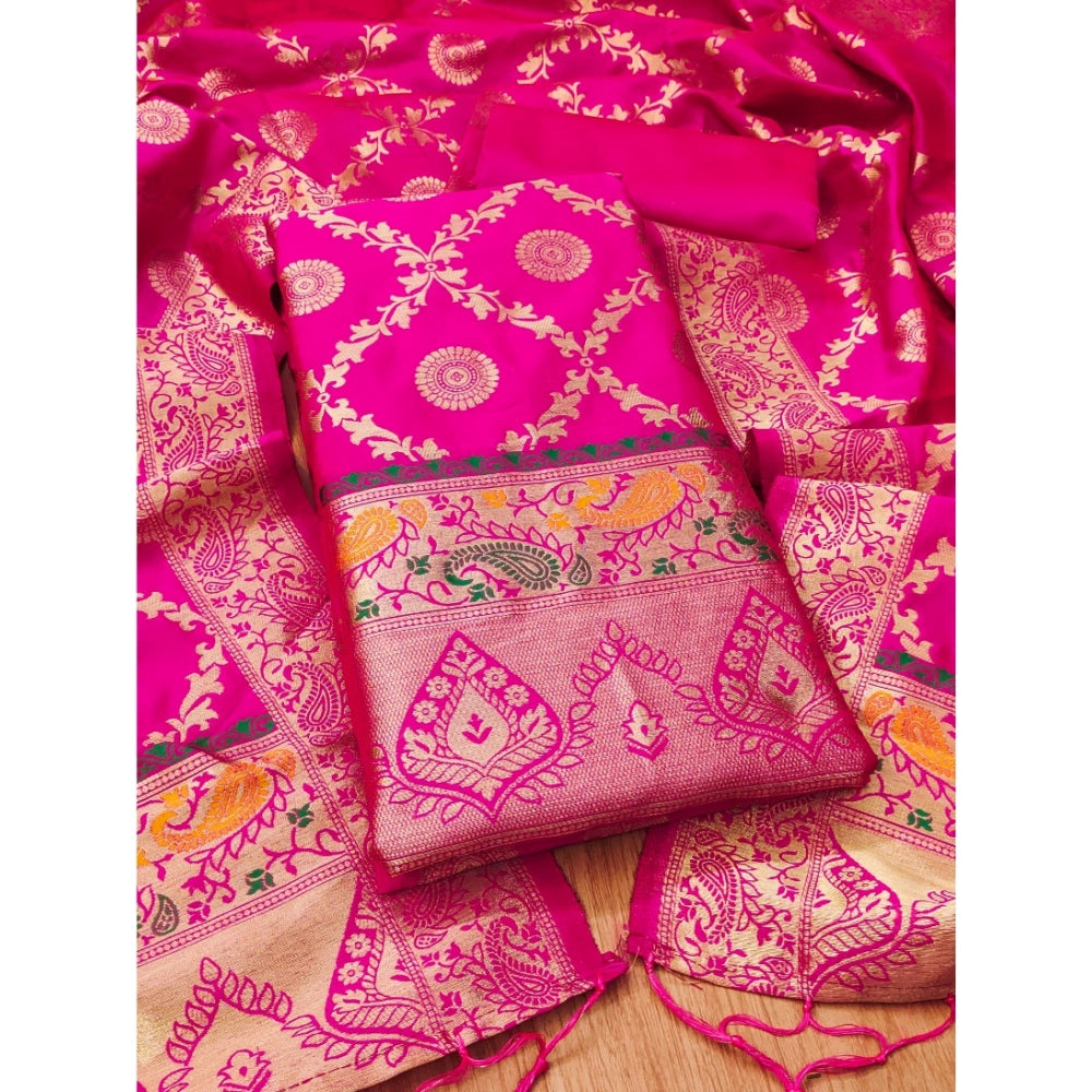 Pink Banarasi silk printed unstitched salwar suit with dupatta (3m)