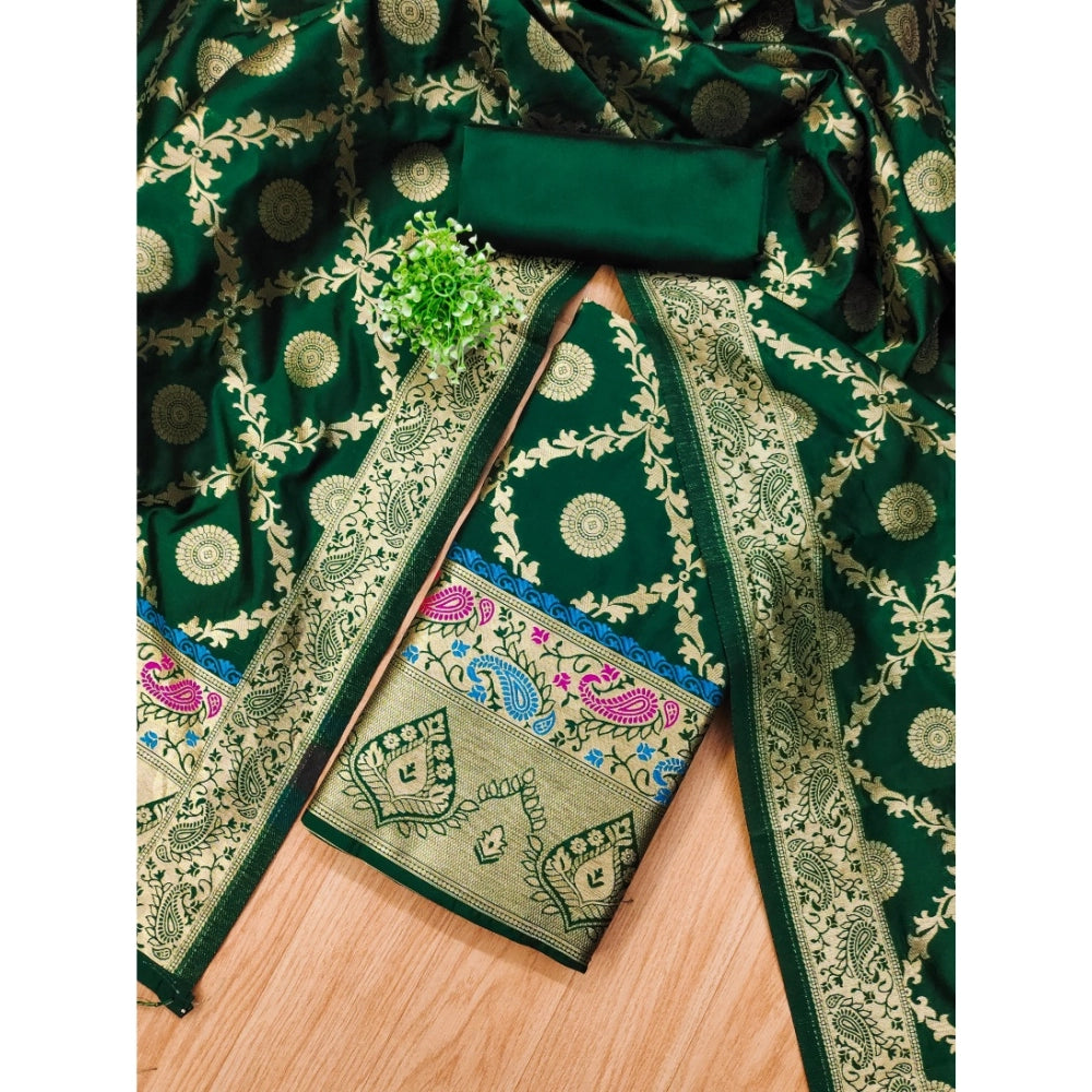 Bottle green Banarasi silk unstitched salwar suit with dupatta (3mtrs), Indian fashion wear for women