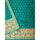 Rama-colored Banarasi silk printed unstitched salwar suit set with dupatta (3m), ideal for traditional Indian wear