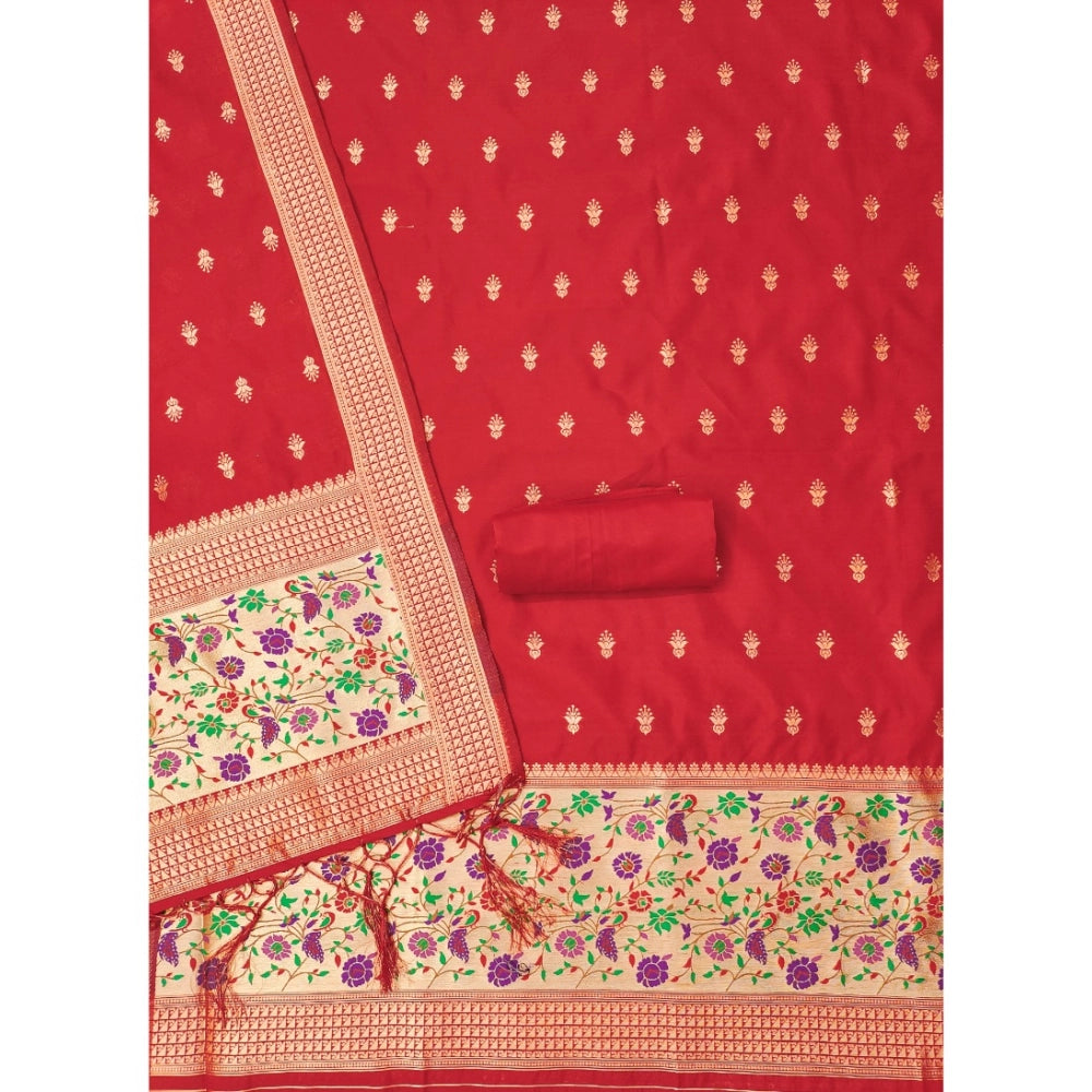 Red Banarasi Silk printed unstitched salwar suit with dupatta (3m) on mannequin