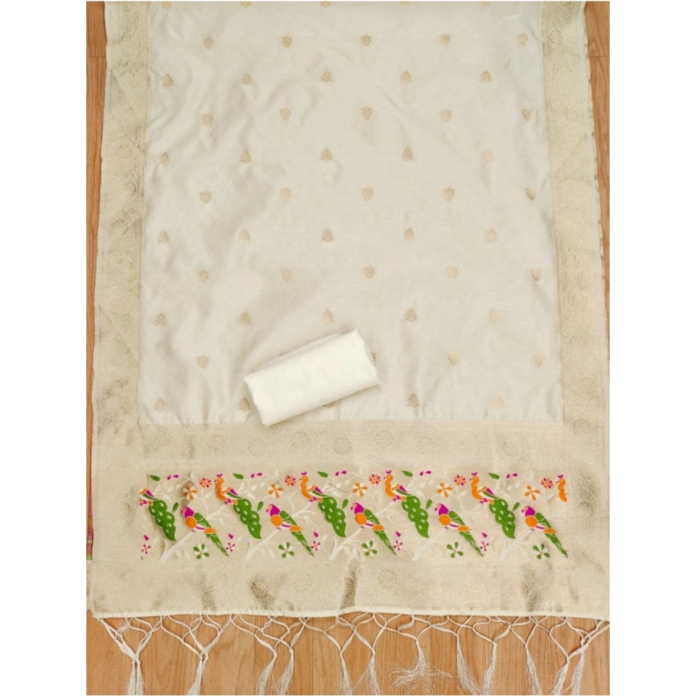 White Banarasi Silk printed unstitched salwar suit with dupatta (3m) on mannequin