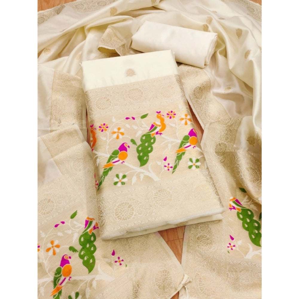 White Banarasi Silk printed unstitched salwar suit set with dupatta (3m)