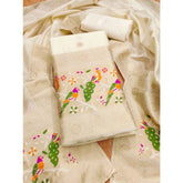 White Banarasi Silk printed unstitched salwar suit set with dupatta (3m) on mannequin