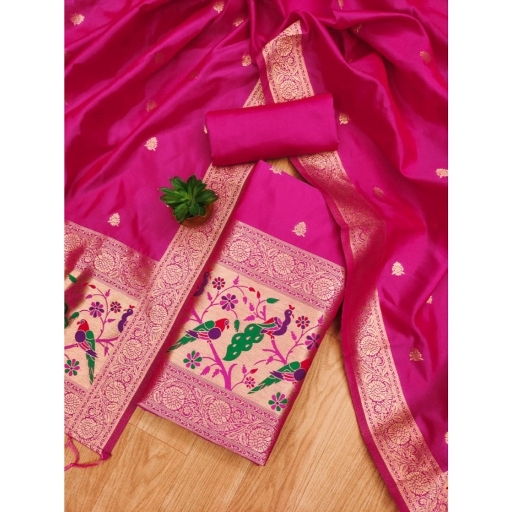 Pink Banarasi silk printed unstitched salwar suit with dupatta (3m) - traditional Indian women's wear