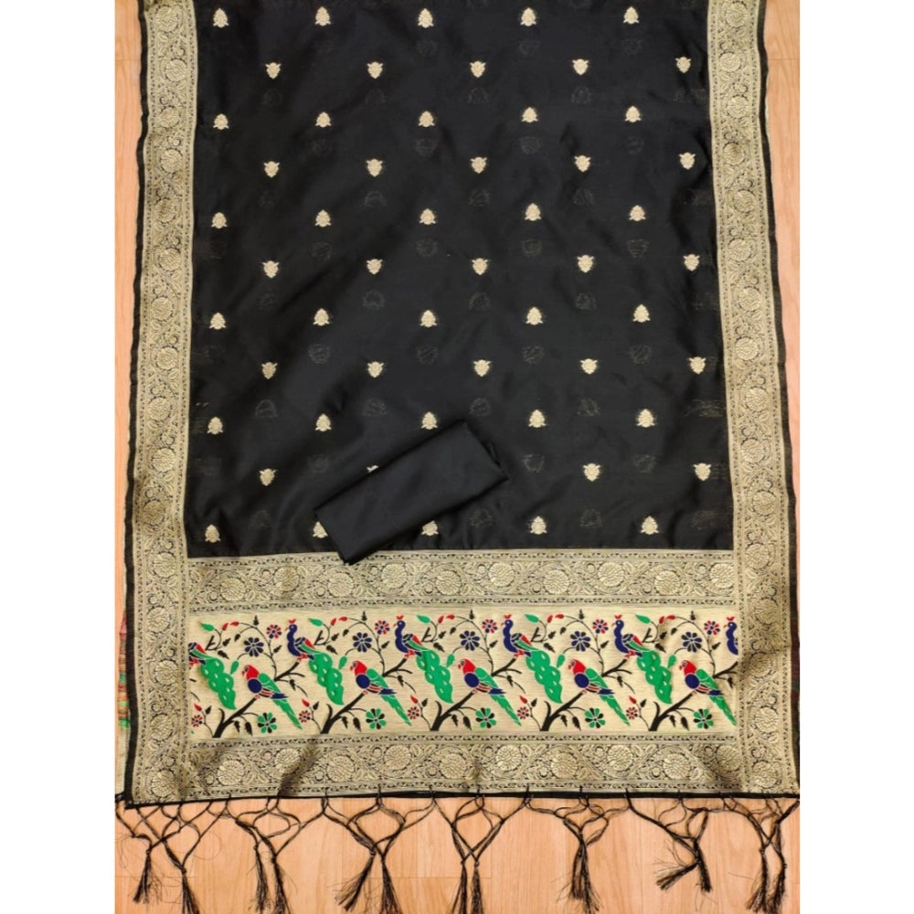 Black Banarasi Silk printed unstitched salwar suit with dupatta (3m), traditional Indian women's wear on mannequin