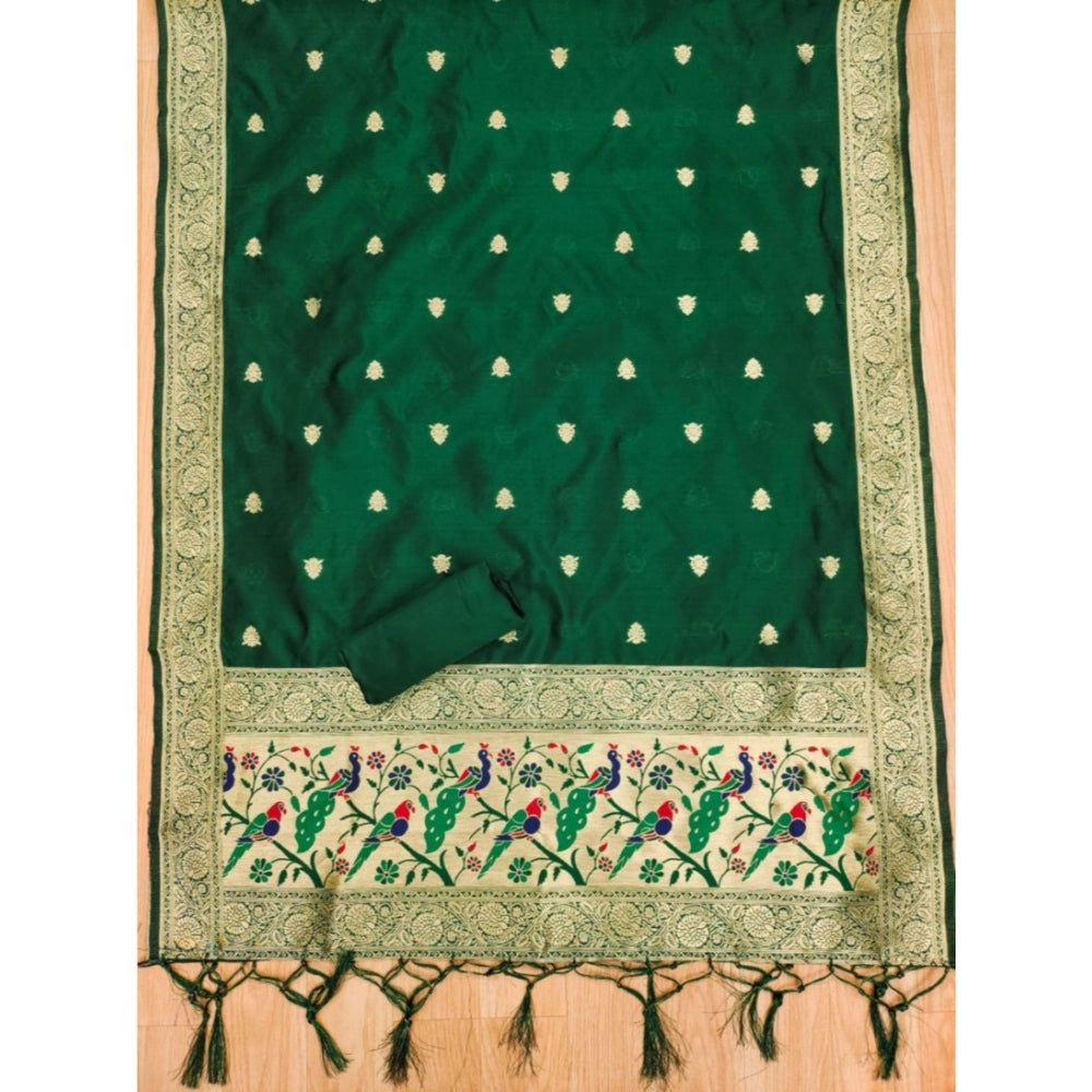 Bottle green Banarasi silk printed unstitched salwar suit with dupatta (3mtrs)