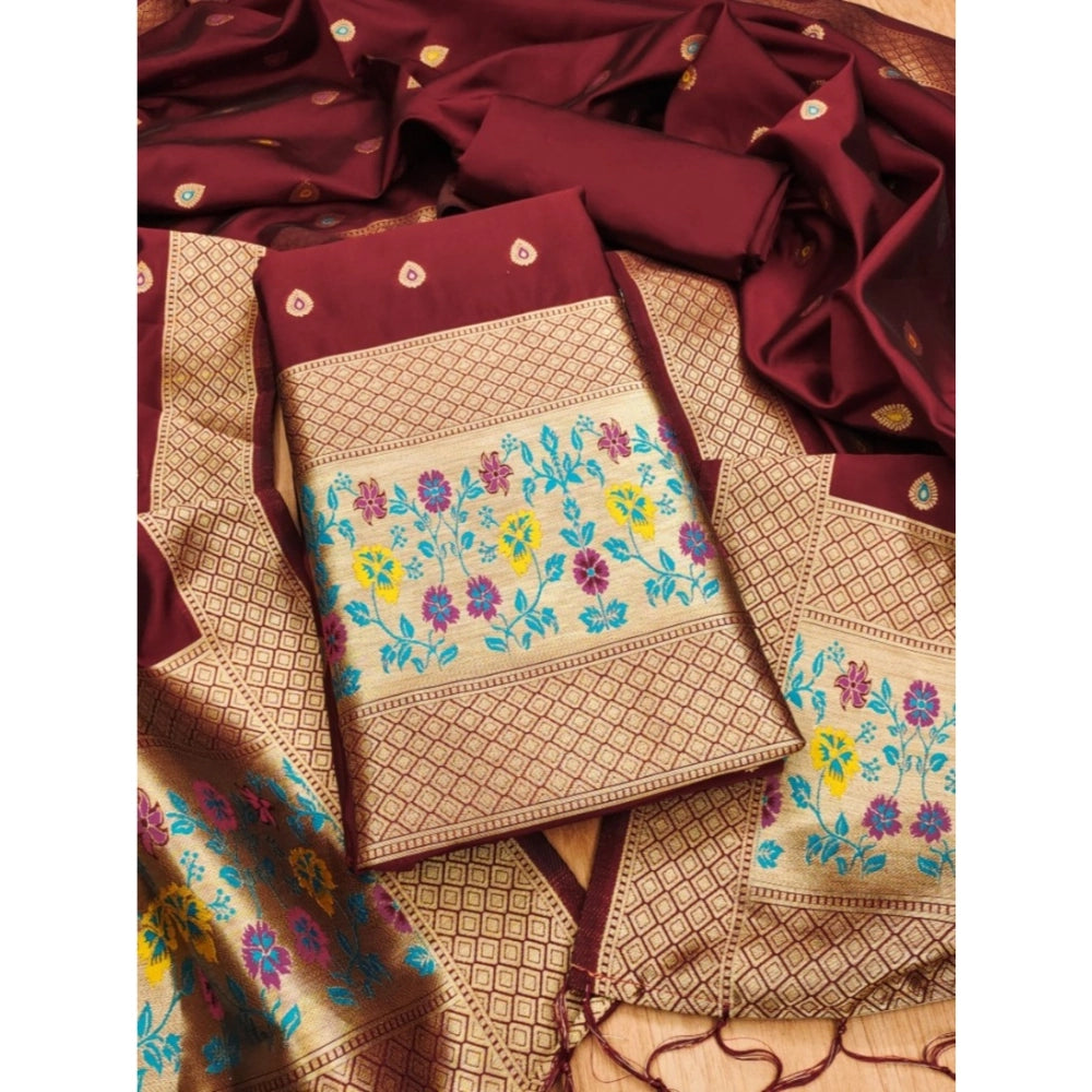 Maroon Banarasi silk printed unstitched salwar suit with dupatta (3m)