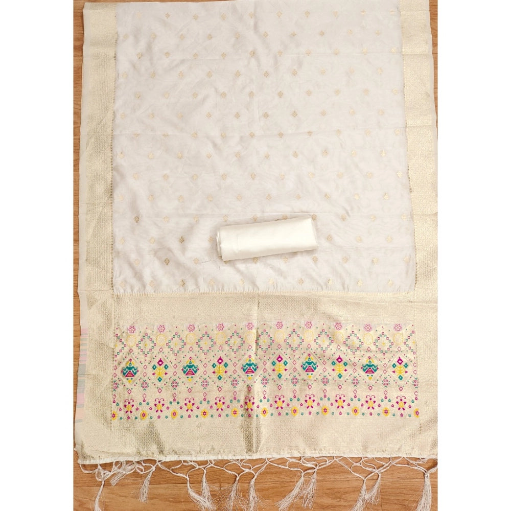 White Banarasi Silk printed unstitched salwar suit with dupatta (3m) on model