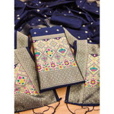 Navy Blue Banarasi Silk Printed Unstitched Salwar Suit with Dupatta (3m)