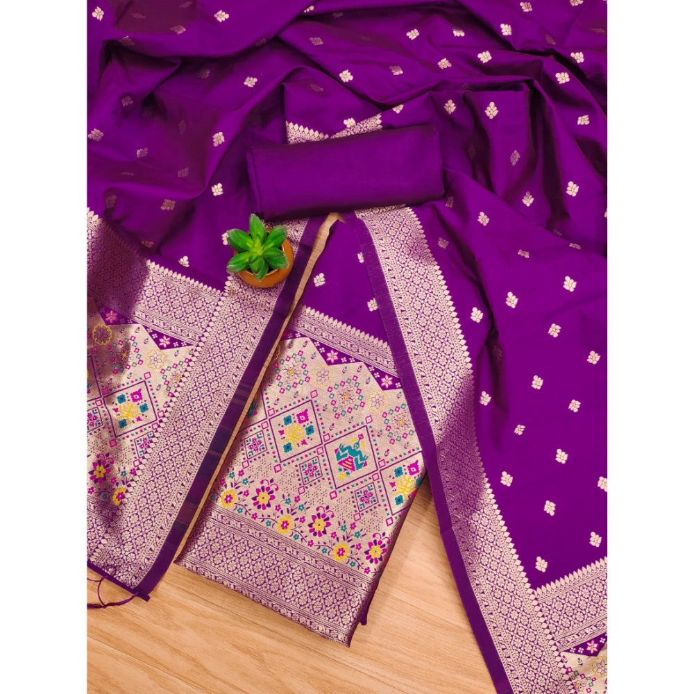 Purple Banarasi silk printed unstitched salwar suit set with dupatta (3m)
