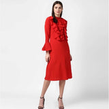 Red polyester ruffled long sleeves dress with close neck, suitable for formal events