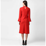 Red polyester ruffled long sleeves dress with close neck, ideal for formal events