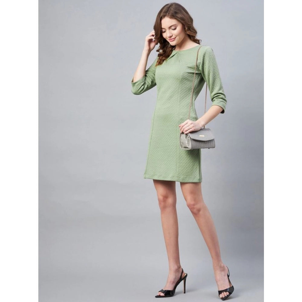 Olive polyester jacquard self-design round neck 3/4th sleeves dress for women