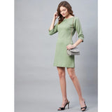 Olive polyester jacquard self-design round neck 3/4th sleeves dress for women
