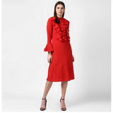 Red polyester ruffled long sleeve dress with close neck, ideal for formal events