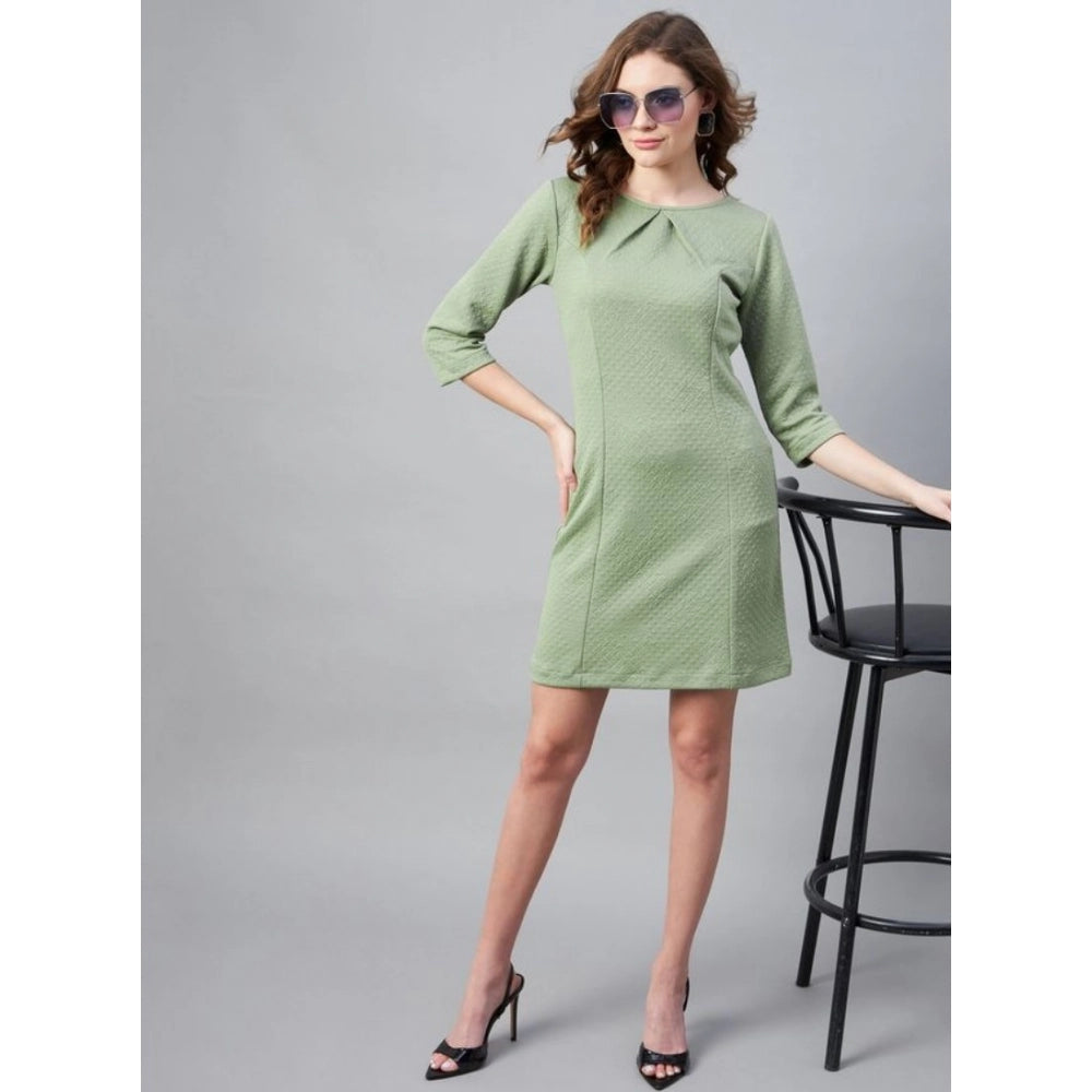 Olive polyester jacquard self-design round neck 3/4 sleeves dress for women, fashionable above knee length