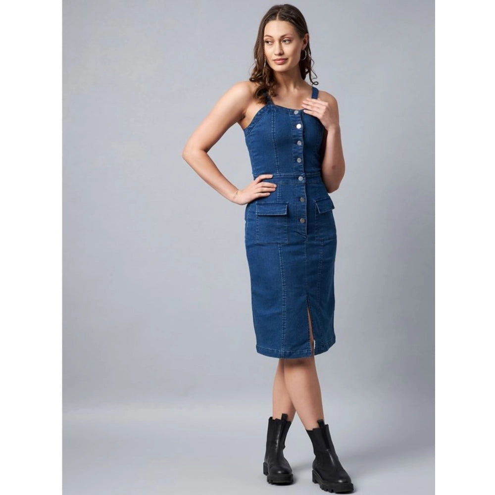 Blue Denim Lycra square neck shoulder strap dress, solid pattern, knee length