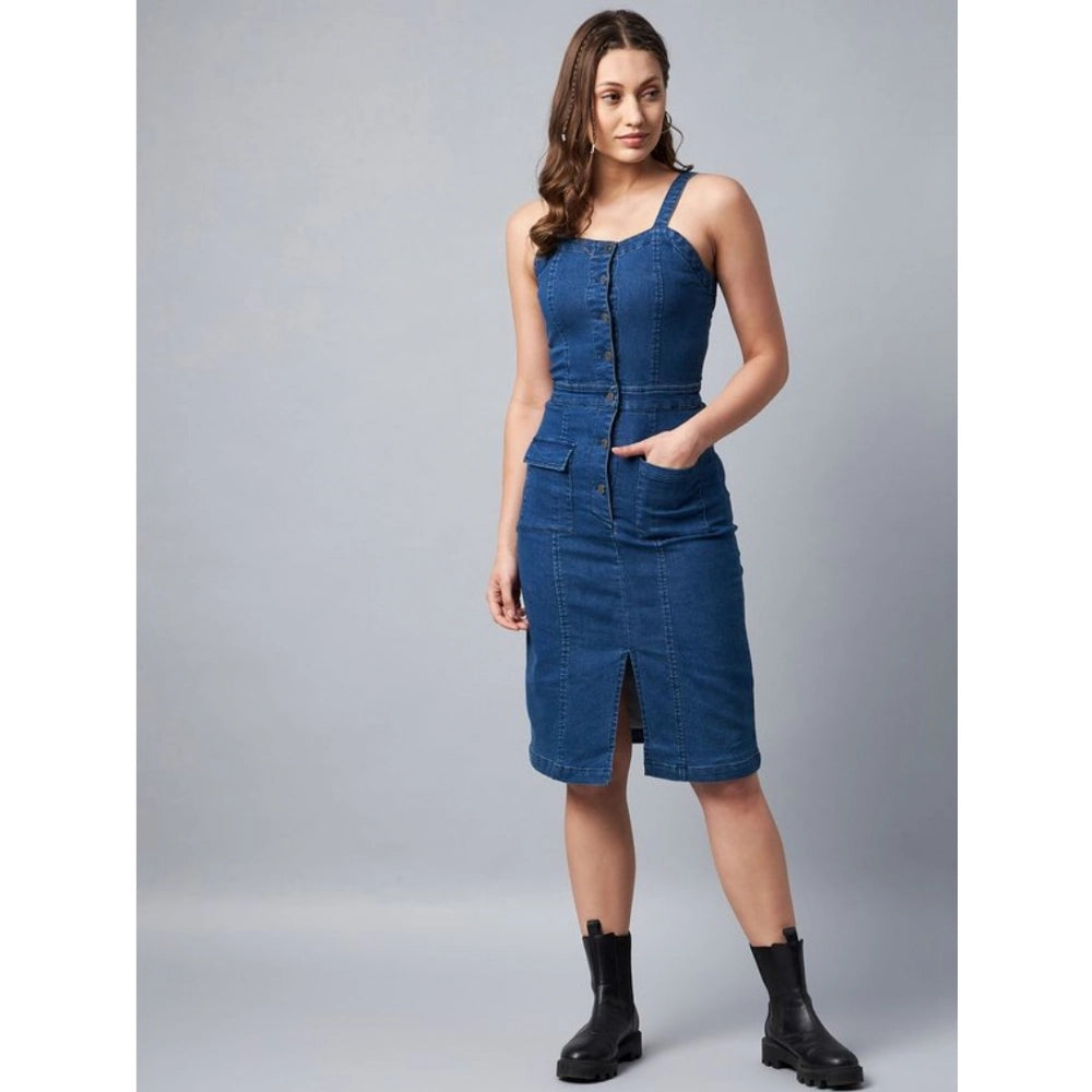 Blue denim Lycra square neck dress with shoulder straps, solid pattern for women's fashion