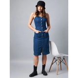 Blue denim Lycra square neck shoulder straps dress, solid pattern for women's fashion