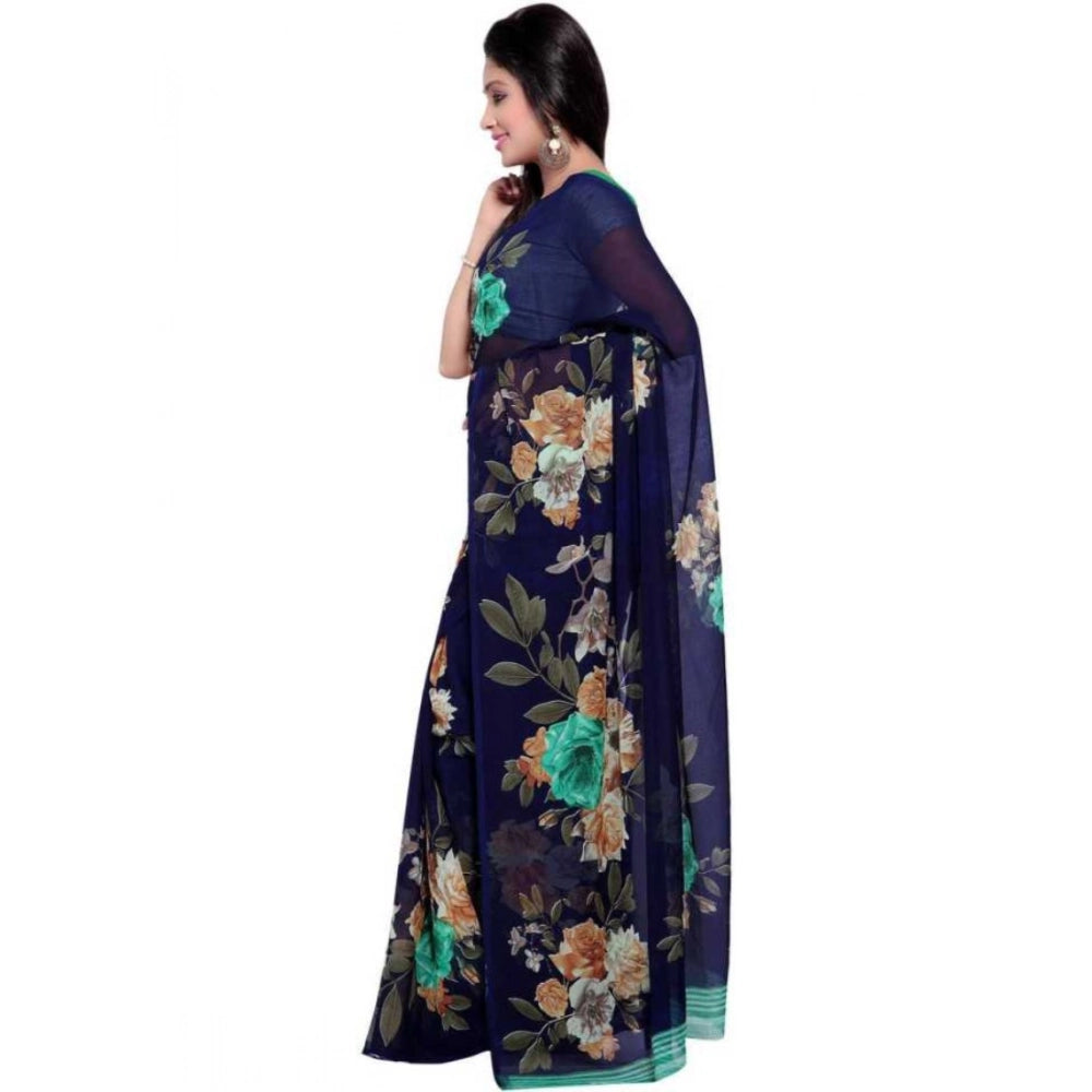 Blue faux georgette printed saree with unstitched blouse, 5.5mtr length on mannequin