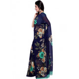 Blue faux georgette printed saree with unstitched blouse, 5.5mtr length on mannequin