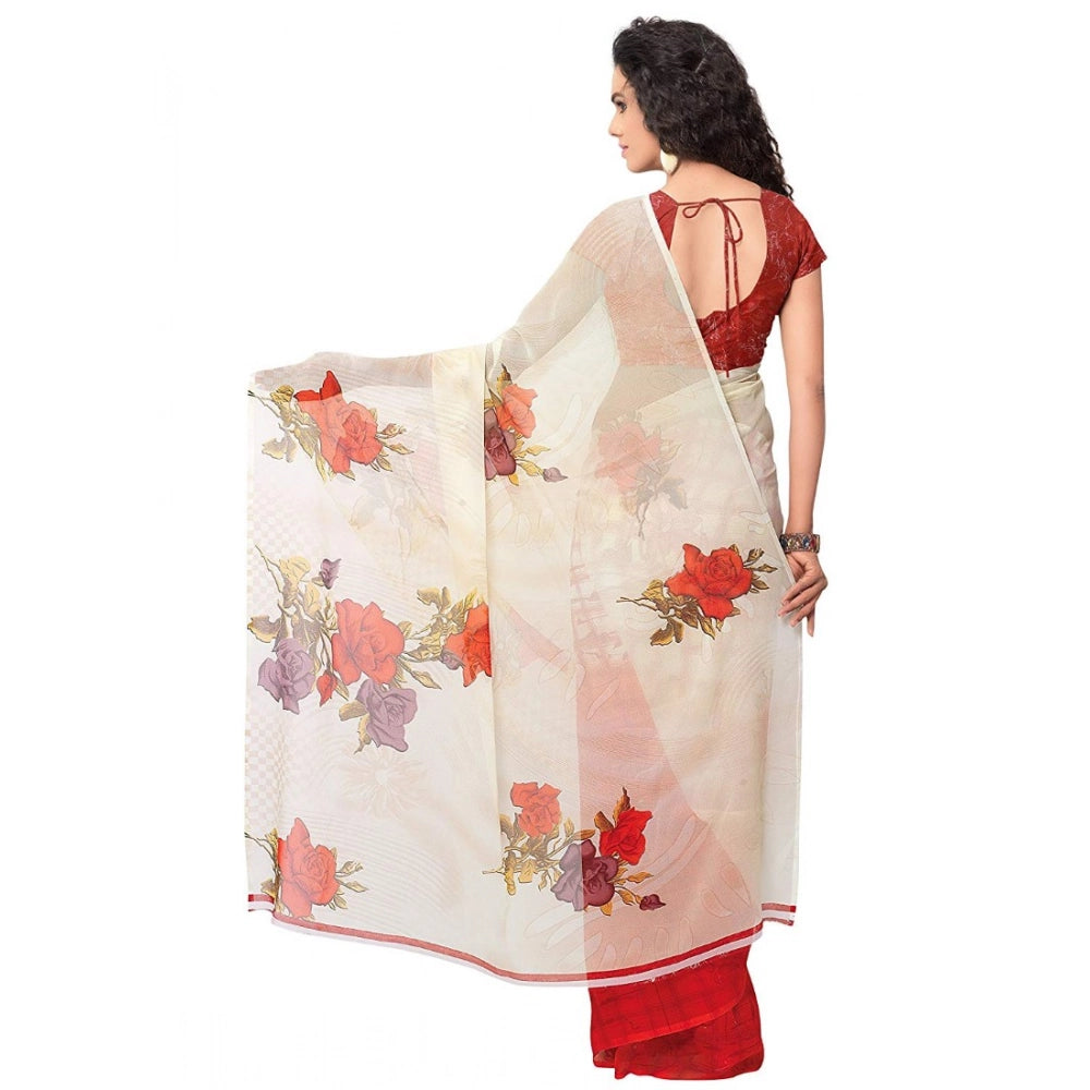 Red faux georgette printed saree with unstitched blouse, vibrant Indian wear on mannequin