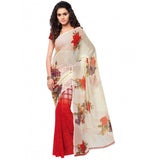 Red faux georgette printed saree with unstitched blouse, 5.5mtr length on mannequin
