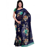 Blue faux georgette printed saree with unstitched blouse (5.5Mtr), fashionable traditional Indian wear