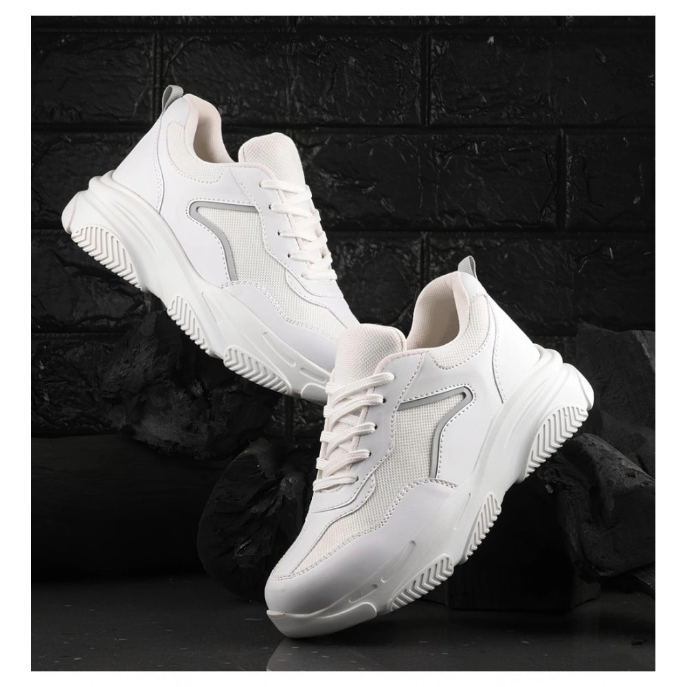 White mesh lace-up shoes with printed pattern, comfortable Lycra inner material, flat heel for casual wear