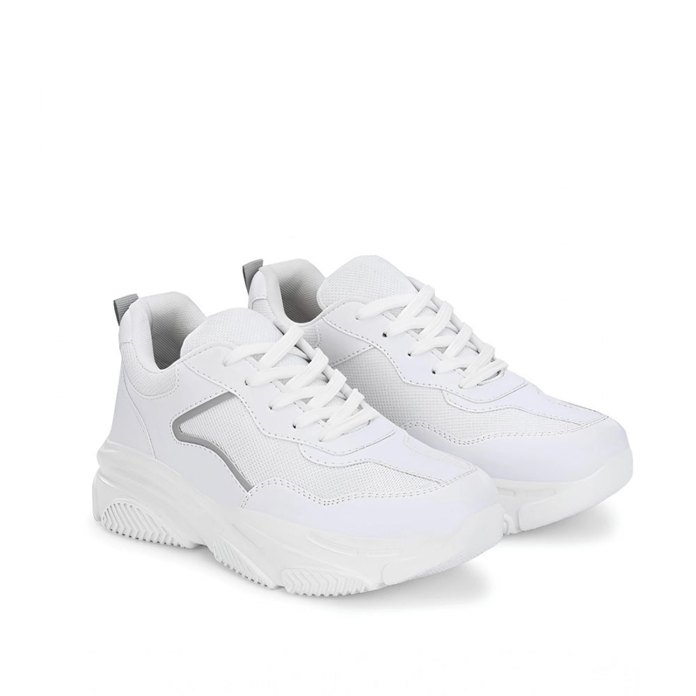 White mesh printed lace-ups shoes for women with airmix sole on flat heel