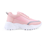 Pink mesh lace-up shoes with printed design, women's casual flat heeled Lycra sneakers