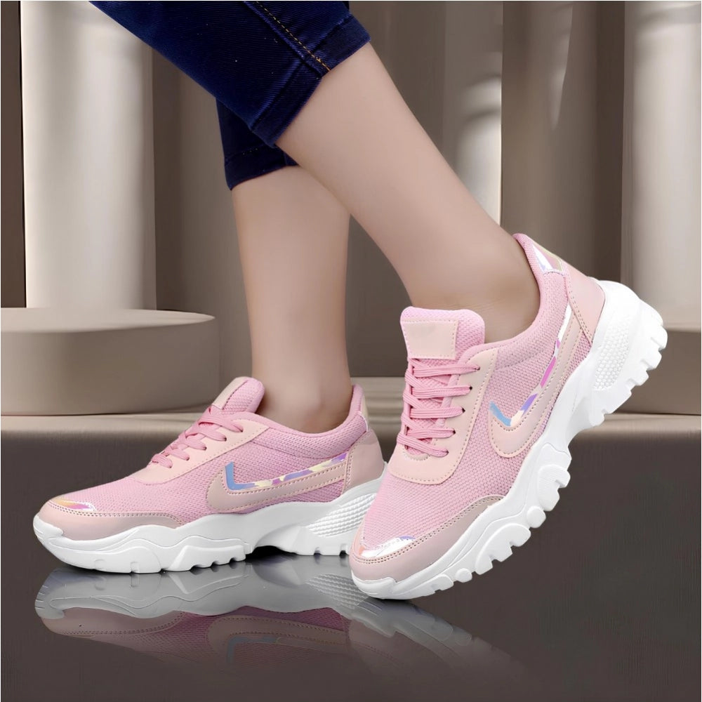 Pink mesh lace-up women's casual shoes with printed detail, Lycra lining, and Airmix sole on flat heel