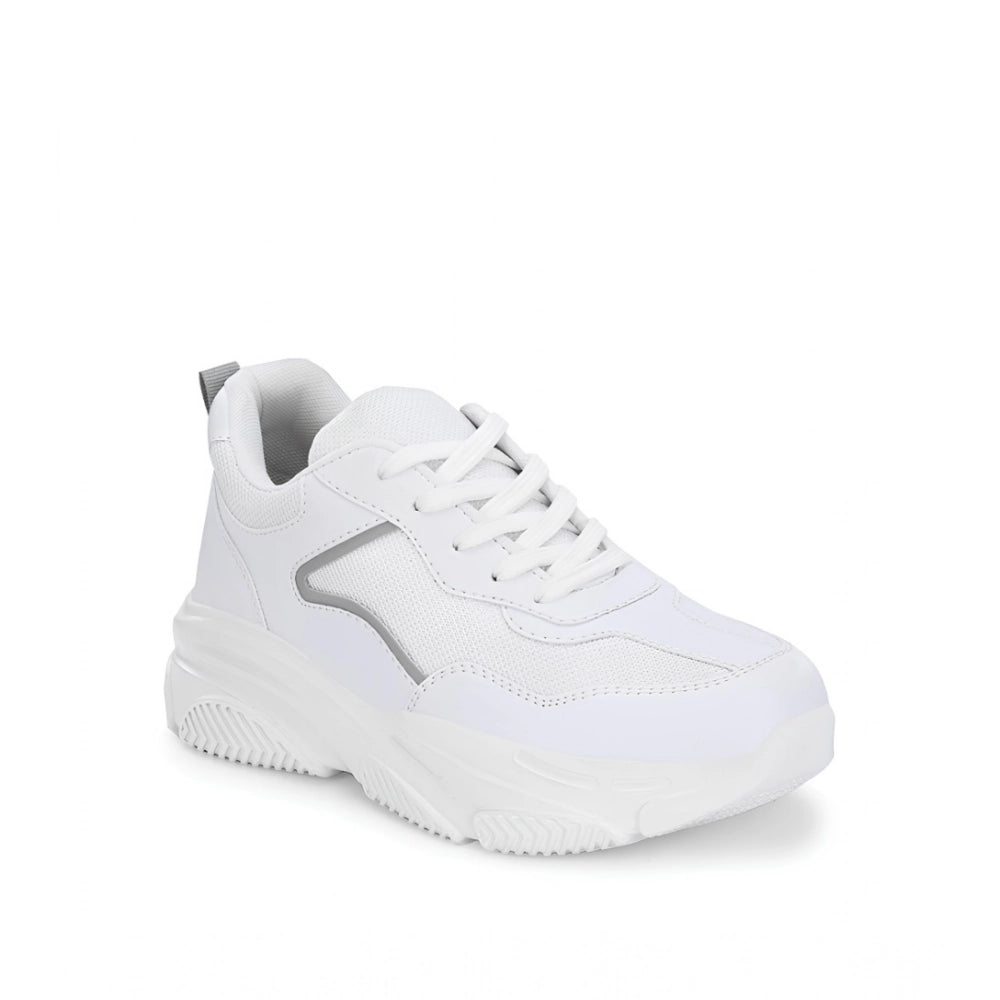 White mesh lace-up shoes with printed pattern for women's casual wear, featuring Airmix sole and Lycra interior