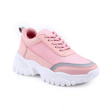 Pink mesh women's lace-up shoes with printed lace, flat heel on concrete surface