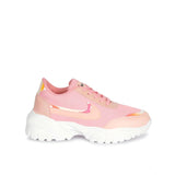 Pink mesh women's casual lace-ups shoes with printed design, lycra inner material, airmix sole, flat heel