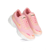 Pink mesh women's casual lace-ups shoes with printed design, lycra inner material, airmix sole on flat heel