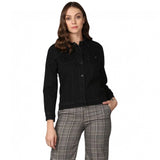 Black denim women's long sleeve jacket with solid pattern, collar neck and hip length