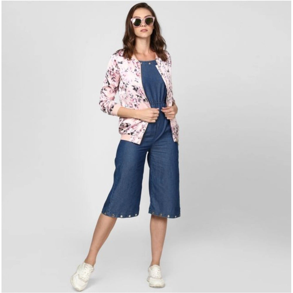 Light pink satin floral 3/4th sleeve jacket for women on mannequin