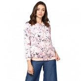 Light Pink Satin Floral 3/4th Sleeve Women's Jacket with collar, hip length, featuring floral pattern