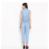 Blue denim women's sleeveless jumpsuit, solid pattern, calf length style