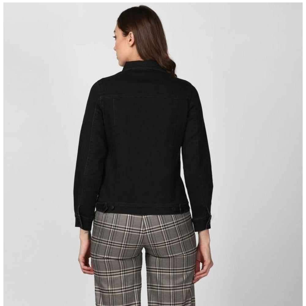 Black denim women's long sleeve jacket, solid design with collar neck and hip-length cut