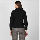 Black denim women's long sleeve jacket, solid pattern, collar neck, hip length