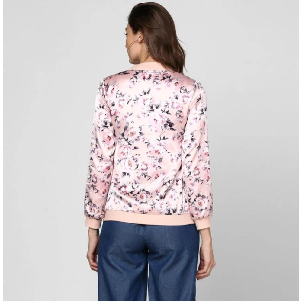 Light Pink Satin Floral 3/4th Sleeve Jacket for women with collar neck, hip length, floral pattern on display