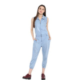 Blue denim women's sleeveless jumpsuit with solid pattern, calf-length style