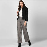 Black denim women's long-sleeve jacket with collar, solid pattern for chilly weather